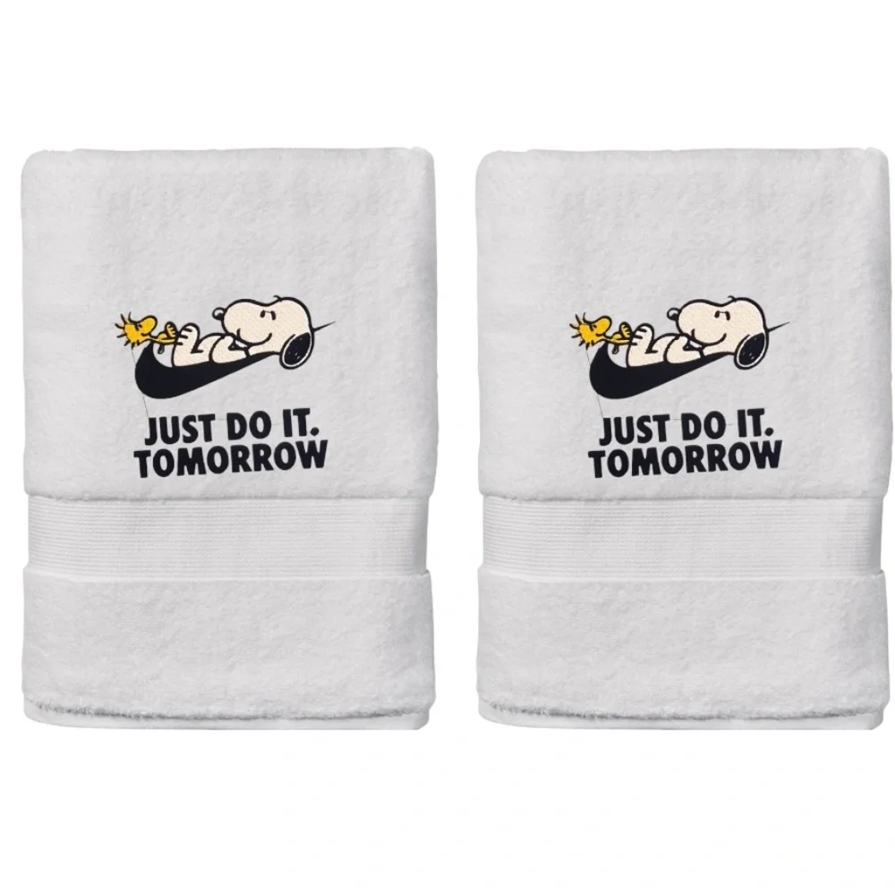 Hand Snoopy Peanuts Embroidered 2 hand towels l White Just do it tomorrow